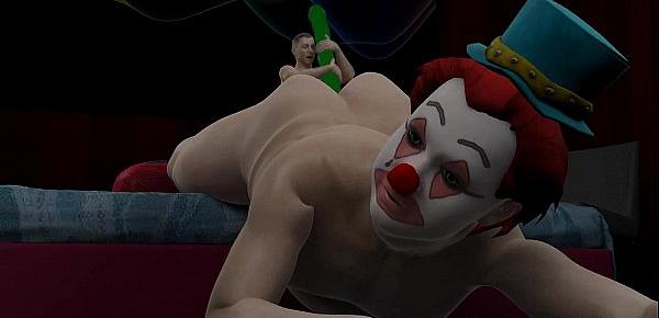  3D cartoon clown sucks cock and gets toyed by a mini hunk